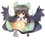  arm_cannon black_hair bow cape chibi concrete cyanomirahi green_bow hair_bow highres mismatched_footwear open_mouth red_eyes reiuji_utsuho shirt skirt solo third_eye touhou weapon wings 