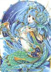  absurdres blue_eyes blue_hair head_fins highres long_hair mermaid monster_girl nao_tsukiji scales smile solo water 