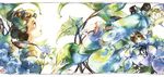  1girl bandana blonde_hair brown_hair flower highres hydrangea japanese_clothes kayo kusuriuri_(mononoke) leaf mononoke muttiy traditional_media watercolor_(medium) 