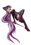  bare_shoulders black_legwear breasts dress elbow_gloves facial_mark fate/stay_night fate_(series) gloves large_breasts legs long_hair long_legs matsutake_umeo purple_eyes purple_hair rider solo strapless strapless_dress tattoo thighhighs thighs very_long_hair weapon zettai_ryouiki 