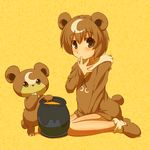  animal_ears bare_legs bear_ears bear_girl bear_tail between_thighs brown_eyes brown_hair crescent finger_to_mouth gen_2_pokemon hood hoodie kuromiya moemon no_pants personification pokemon pokemon_(creature) short_hair sitting solo tail teddiursa wariza 