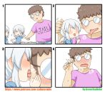  2girls :d absurdres blue_shirt blush brown_hair comic commentary_request cotton_swab ear_licking english glasses greenteaneko highres holding holding_hands licking low_twintails multiple_girls nose_blush numbered_panels opaque_glasses open_mouth original patreon_username personification pink_shirt saliva shirt short_sleeves silver_hair smile sweat torogao twintails twitter_username watermark web_address white_background |_| 