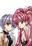  2girls brown_eyes gray_hair green_eyes hair_bobbles long_hair open_mouth pink_eyes school_uniform short_hair side silver_hair smile teeth twin_tails urushihara_satoshi 