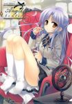  1girl absurdres angel_beats! armchair blazer blue_hair brooch chair face feet feet_on_chair footwear globe highres jewelry knee_socks kneehighs long_hair looking_at_viewer miniskirt no_shoes pleated_skirt postage_stamp postmark red_upholstery scan school_uniform sitting skirt socks solo stamp tachibana_kanade tatekawa_mako tenshi_(angel_beats!) white_legwear yellow_eyes 