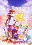  art_brush bad_id bad_pixiv_id braid brown_hair bug butterfly flower hakou_(barasensou) highres insect long_hair oekaki_musume original oversized_object paint paint_tube paintbrush purple_eyes solo stool sunflower twin_braids twintails 