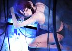  back bare_shoulders barefoot black_panties brown_hair cable camisole highres iwai_ryou iwakura_lain panties partially_submerged red_eyes serial_experiments_lain short_hair sitting solo underwear wariza water 