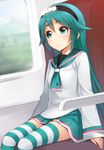  aqua_eyes blush green_hair ha-ru hairband long_hair original personification reflection school_uniform serafuku shinkansen shinkansen_e5_series short_eyebrows sitting skirt solo striped striped_legwear thighhighs train_interior window zettai_ryouiki 