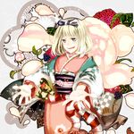 ao_no_exorcist bad_id bad_pixiv_id blush bow flower green_eyes hair_bow houhou_(black_lack) japanese_clothes kimono moriyama_shiemi nii_(ao_no_exorcist) open_mouth outstretched_arm outstretched_hand short_hair smile solo 