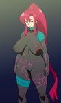  antispiral_nia antispiral_nia_(cosplay) bodysuit breasts breasts_apart cosplay covered_nipples hair_ornament huge_breasts long_hair nia_teppelin plump ponytail red_hair sagging_breasts solo tengen_toppa_gurren_lagann tetrodotoxin wide_hips yellow_eyes yoko_littner 