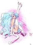  blue_hair breasts cat_ears catgirl claws darkstalkers felicia felicia_(darkstalkers) feline female flexible grooming hair looking_at_viewer mammal paws plain_background raised_leg sitting solo tail tongue tongue_out video_games white_background yellow_eyes zummeng 