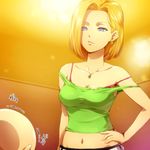  1girl android_18 bare_shoulders blonde_hair blue_eyes collarbone dragon_ball dragon_ball_z earrings hairu hand_on_hip jewelry kuririn midriff navel necklace off_shoulder short_hair strap_slip torn_clothes trembling 