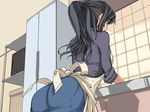  1girl apron ass black_hair breasts denim indoors jajala jeans kitchen kitchen_sink long_hair medium_breasts original pants ponytail solo sweater washing wife 