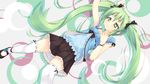  aerial_view alternate_costume alternate_outfit artist_request bow breasts casual circle circles dress_shoes flower from_above green_eyes green_hair hair_bow hair_bows hatsune_miku laying_down long_hair lying midori_kazushiki skirt small_breasts smile thighhighs vocaloid young younger 