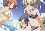  3girls absurdres amagahara_inaho bikini blonde blue_eyes blue_hair green_eyes happy_margaret happy_marguerite high_res kokonoka mizugi nishinomiya_shizuru red_hair rindou_saki tagme yellow_eyes 