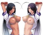  2girls abs areolae belly between_breasts black_hair breasts curvaceous dark_skin erect_nipples fingerless_gloves ikkitousen inverted_nipples kanu_unchou large_breasts long_hair naughty_face nipples oppai shirt_lift smile smug sweat tanned tongue 
