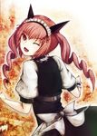  ;d akiha_rumiho animal_ears cofi_(eternal) drill_hair fang from_behind looking_back maid_headdress one_eye_closed open_mouth pink_eyes pink_hair smile solo steins;gate twin_drills twintails 