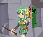  asakawa_remon creeper fire flame green_eyes green_hair minecraft original pickaxe pointy_ears remona-san short_hair torch 