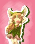  ^_^ animated animated_gif awahime blonde_hair blush caramelldansen closed_eyes collarbone dress frills green_dress headband jewelry knees_together long_hair lowres necklace pendant pink_background riesz rupee seiken_densetsu seiken_densetsu_3 simple_background solo standing 