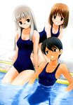  black_eyes black_hair brown_eyes brown_hair dark_skin fate/stay_night fate_(series) glasses grey_hair highres himuro_kane long_hair makidera_kaede multiple_girls one-piece_swimsuit saegusa_yukika shirotsumekusa short_hair swimsuit 