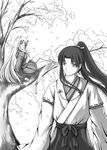  animal_ears dog_ears genderswap inuyasha inuyasha_(character) kikyo kikyou_(inuyasha) long_hair monochrome ponytail sakura tree 