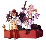  animal_ears bad_id bad_pixiv_id boots brown_hair cellphone dress_shirt geta hat inubashiri_momiji multiple_girls nosuku phone shading_eyes shameimaru_aya shell shield shirt sitting sword tail tengu-geta tokin_hat touhou weapon white_hair wings wolf_ears wolf_tail 