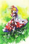  bad_id bad_pixiv_id blonde_hair bow crayon_(medium) dress fea flower grass hair_ribbon looking_back marker_(medium) medicine_melancholy profile ribbon short_hair solo touhou traditional_media 