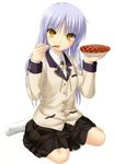  absurdres angel_beats! blue_hair eating food highres long_hair mapo_doufu na-ga school_uniform sitting solo spoon tenshi_(angel_beats!) wariza yellow_eyes 