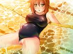  blush breasts brown_hair censored clavicle erect_nipples large_breasts leotard_aside mizugi navel oppai pool pregnant sleeveless smile spread_legs tagme yellow_eyes 