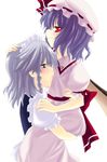  hat hug izayoi_sakuya looking_at_viewer looking_to_the_side mob_cap multiple_girls puffy_short_sleeves puffy_sleeves purple_hair red_eyes remilia_scarlet saki_chisuzu short_sleeves silver_hair simple_background touhou white_background 