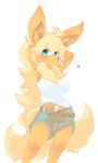  &hearts; anthro belt blue_eyes blush breasts chest_tuft clothed clothing eeveelution female flareon fur hi_res kosyo looking_at_viewer nintendo plain_background pok&#233;mon pok&#233;morph pok&eacute;mon pose shirt solo standing tuft video_games white_background 