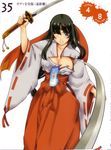  absurdres black_hair eiwa hakama headband highres japanese_clothes miko purple_eyes queen's_blade red_hakama ribbon-trimmed_sleeves ribbon_trim solo sword tearing_clothes tomoe torn_clothes weapon wince 