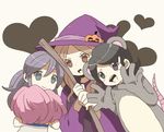  animal_ears bad_id bad_pixiv_id blue_eyes broom brown_eyes brown_hair cheerleader costume hat hinikusyoku inazuma_eleven inazuma_eleven_(series) kino_aki kudou_fuyuka mouse mouse_ears multiple_girls pom_poms purple_hair raimon_natsumi smile witch witch_hat 