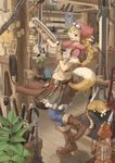  555 abacus animal_ears armory blonde_hair boots braid brown_eyes cat chain fantasy flail gloves goggles goggles_on_head highres lamp long_hair mace one_eye_closed original plant ponytail poster_(object) potted_plant shop solo sword tail wanted weapon weapon_shop wrench 