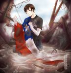  axis_powers_hetalia bandages black_hair carmenmcs chile chile_(hetalia) earthquake flag kuraudia male_focus solo water 