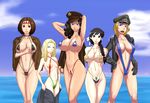  5girls alice_herring bikini black_hair blonde blue_eyes braid breasts character_request cindy_volton hat jacket large_breasts lean_beirer long_hair micro_bikini mikami_ai mizugi ml multiple_girls navel ocean oppai shell shell_bikini short_hair single_braid sling_bikini strikers_1945 tina_prize water 