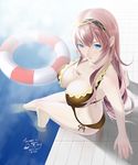  arm_support bikini blue_eyes breasts cleavage dated from_above highres large_breasts lifebuoy long_hair looking_at_viewer megurine_luka okingjo perspective pink_hair pool poolside project_diva project_diva_(series) ripples side-tie_bikini signature sitting soaking_feet solo swimsuit swimwear_(module) vocaloid 