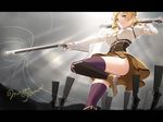  ass backlighting beret blonde_hair boots breasts brown_legwear corset covered_nipples detached_sleeves drill_hair dual_wielding field_of_blades fingerless_gloves gloves gun hair_ornament hairpin hat holding large_breasts legs letterboxed light_rays long_legs magical_girl magical_musket mahou_shoujo_madoka_magica mignon planted_weapon pleated_skirt puffy_sleeves ribbon rifle shiny shiny_skin skirt solo striped striped_legwear sunbeam sunlight thighhighs thighs tomoe_mami twin_drills twintails vertical-striped_legwear vertical_stripes weapon yellow_eyes 