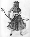  bow_(weapon) braid dress greyscale hat high_heels highres long_hair midriff monochrome niwatori_takeshi nurse_cap shoes smile solo standing touhou very_long_hair weapon yagokoro_eirin 