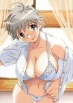  ahoge bra breasts covered_nipples cynthia_the_mission dress_shirt glasses hanging_breasts huge_breasts lace lace_bra lingerie navel official_art open_clothes open_mouth open_shirt panties shirt short_hair silver_hair solo takatou_rui takaya_kanae underwear white_panties 