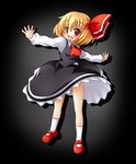  ascot blonde_hair blush dress_shirt mary_janes red_eyes ribbon rumia shinjitsu shirt shoes short_hair smile socks solo spread_legs standing touhou white_legwear 