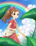  amane_(funfun) arrietty bag brown_hair clothes_pin cloud day dew_drop dress karigurashi_no_arrietty leaf long_hair looking_at_viewer minigirl ponytail rainbow red_dress sky smile solo sugar_cube water_drop 