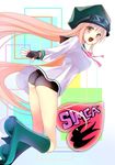  air_gear ass bike_shorts blush cabbie_hat fingerless_gloves gloves hat long_hair looking_back open_mouth pink_hair roller_skates simca skates smile yellow_eyes yuuki_rika 