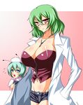  alternate_costume antennae bad_id bad_pixiv_id banned_artist bespectacled between_breasts breasts cleavage denim denim_shorts glasses green_hair groin hands_in_pockets huge_breasts kazami_yuuka labcoat multiple_girls nurse s_tanly short_shorts shorts smile touhou wriggle_nightbug 