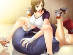  bike_shorts blue_eyes boxing breasts brown_hair bulge cbt clothed_erection cum cum_in_pants cum_on_clothes erection facesitting femdom girl_on_top hentai_seiheki_dominance_-_femdom_of_paraphilia msize penis shirt shorts sitting sitting_on_face sitting_on_person skin_tight tamakeri 