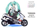  2007 aqua_hair ayase_hikaru bibendum blue_eyes calendar_(medium) detached_sleeves ground_vehicle hatsune_miku headphones headset highres long_hair michelin motor_vehicle motorcycle november simple_background solo thighhighs twintails very_long_hair vocaloid wallpaper yamaha 