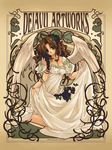  angel_wings art_nouveau breasts brown_hair cleavage food fruit grapes green_eyes long_hair malino_(dream_maker) medium_breasts original side_slit solo wings 