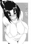  arms_behind_back bikini blush breasts cameltoe cleavage greyscale highres huge_breasts kousaka_shigure leopard_(artist) long_hair micro_bikini monochrome navel nipples ponytail shijou_saikyou_no_deshi_ken'ichi solo swimsuit 