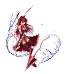  absurdres bare_shoulders black_legwear boots broken chain closed_eyes detached_sleeves full_body hands_clasped highres lain long_hair magical_girl mahou_shoujo_madoka_magica own_hands_together polearm ponytail red_hair sakura_kyouko simple_background solo spear sword thighhighs water weapon zettai_ryouiki 