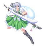  blue_eyes flower foreshortening ghost hairband katana knee_boots konpaku_youmu luna_(gunfire) myon short_hair silver_hair touhou weapon 