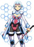  black_legwear blue_eyes blue_hair bodysuit breasts cleavage_cutout highres large_breasts left-handed leotard pantyhose phantasy_star phantasy_star_portable_2_infinity red_leotard short_hair shunzou skindentation smile solo sword weapon 